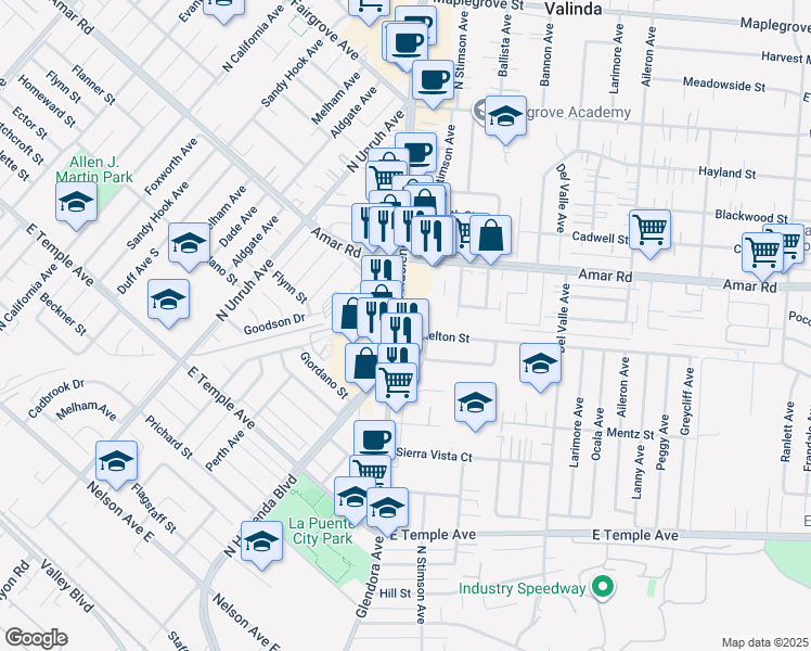 map of restaurants, bars, coffee shops, grocery stores, and more near 850 North Hacienda Boulevard in La Puente