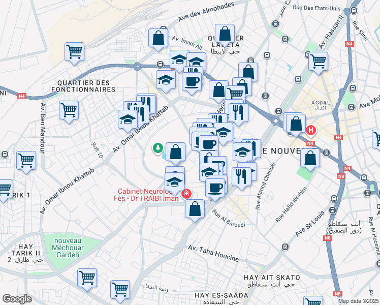 map of restaurants, bars, coffee shops, grocery stores, and more near Avenue du Prince Héritier in Fès