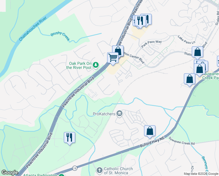 map of restaurants, bars, coffee shops, grocery stores, and more near 1558 Oak Park Court in Suwanee