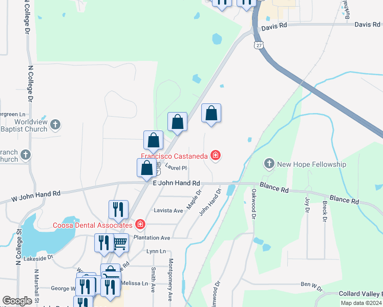 map of restaurants, bars, coffee shops, grocery stores, and more near 214 Greenbriar Drive in Cedartown