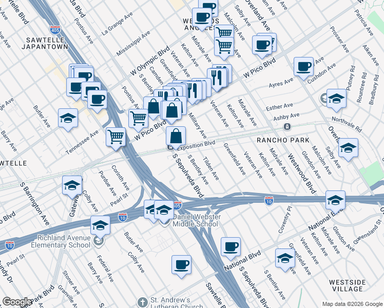 map of restaurants, bars, coffee shops, grocery stores, and more near 2522 South Bentley Avenue in Los Angeles