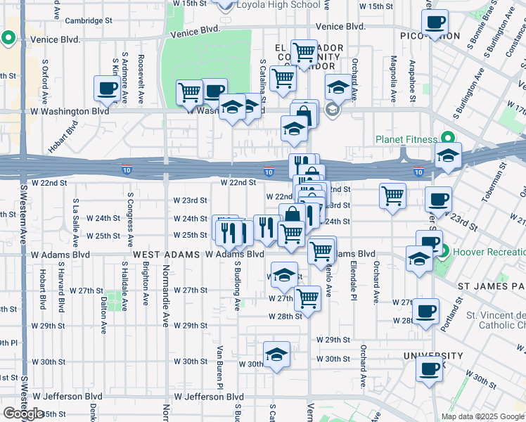 map of restaurants, bars, coffee shops, grocery stores, and more near 2315 1/2 South Catalina Street in Los Angeles