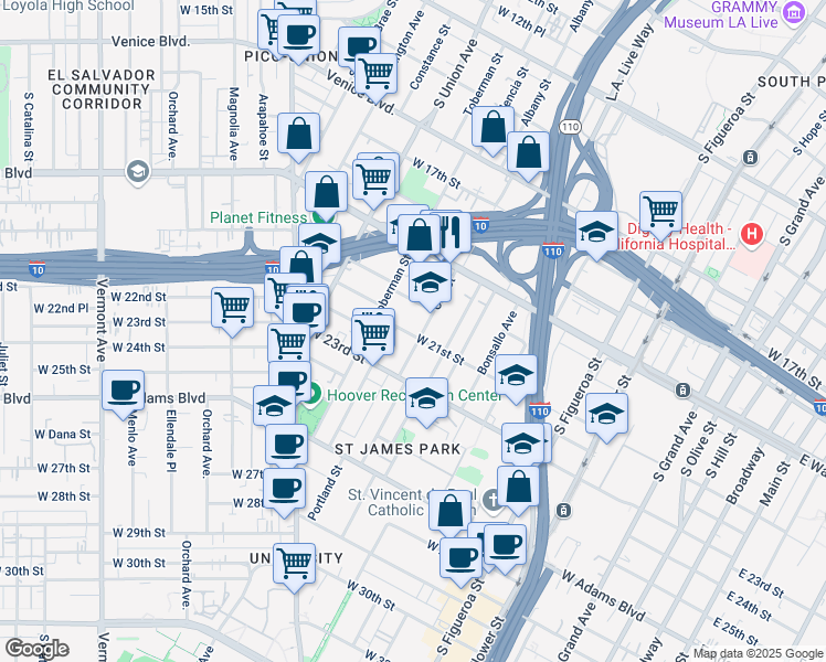 map of restaurants, bars, coffee shops, grocery stores, and more near 907 West 21st Street in Los Angeles