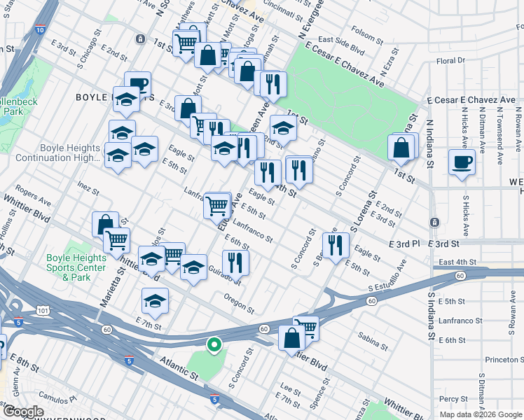 map of restaurants, bars, coffee shops, grocery stores, and more near 3045 East 5th Street in Los Angeles