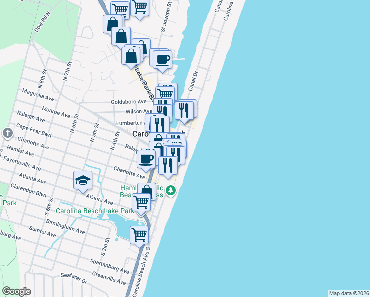 map of restaurants, bars, coffee shops, grocery stores, and more near 209 Carolina Beach Avenue North in Carolina Beach