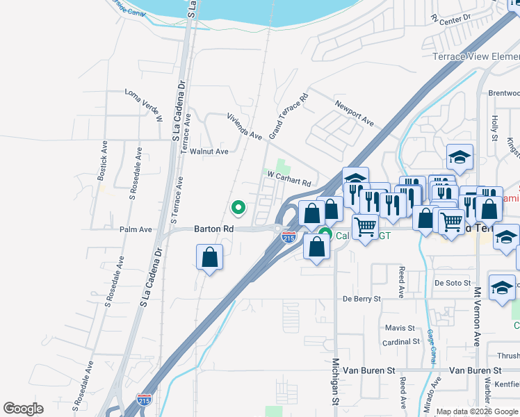 map of restaurants, bars, coffee shops, grocery stores, and more near 21845 Grand Terrace Road in Grand Terrace