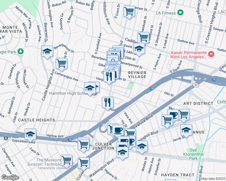 map of restaurants, bars, coffee shops, grocery stores, and more near 2868 South Robertson Boulevard in Los Angeles