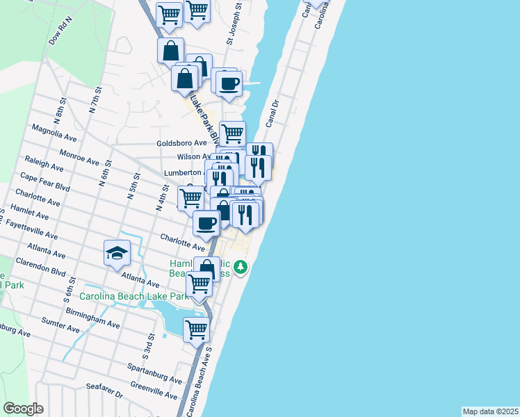 map of restaurants, bars, coffee shops, grocery stores, and more near 209 Carolina Beach Avenue North in Carolina Beach