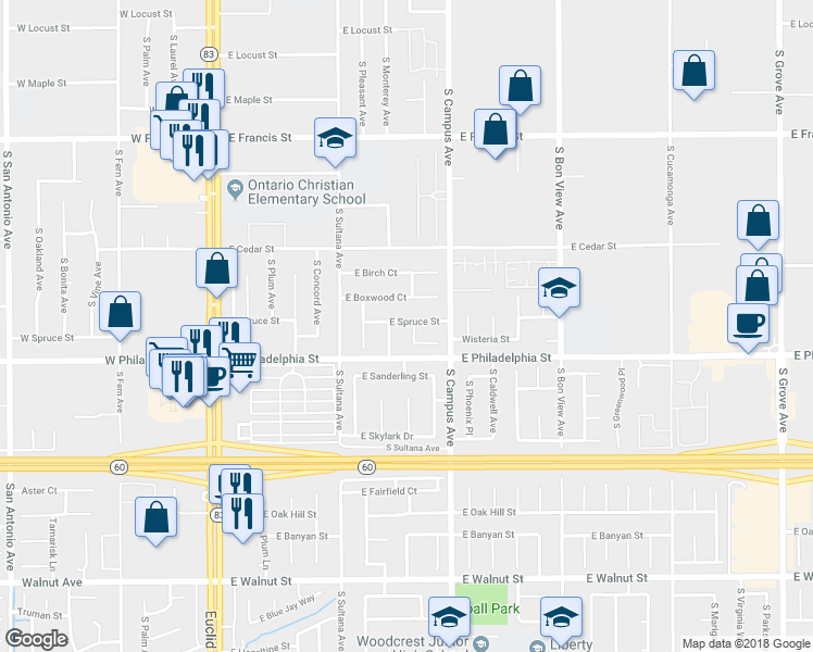 map of restaurants, bars, coffee shops, grocery stores, and more near 2126 South Wisteria Court in Ontario