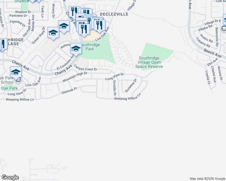 map of restaurants, bars, coffee shops, grocery stores, and more near 12037 Ocotillo Drive in Fontana