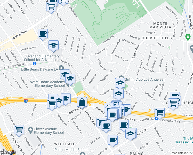 map of restaurants, bars, coffee shops, grocery stores, and more near 10520 Dunleer Drive in Los Angeles