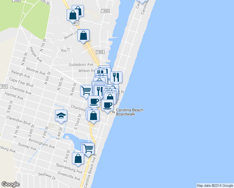 map of restaurants, bars, coffee shops, grocery stores, and more near 222 Carolina Beach Avenue North in Carolina Beach