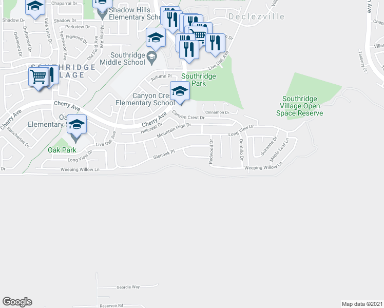 map of restaurants, bars, coffee shops, grocery stores, and more near 14632 Appian Way in Fontana