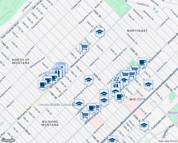 map of restaurants, bars, coffee shops, grocery stores, and more near 1934 Idaho Avenue in Santa Monica