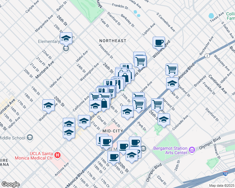 map of restaurants, bars, coffee shops, grocery stores, and more near in Santa Monica