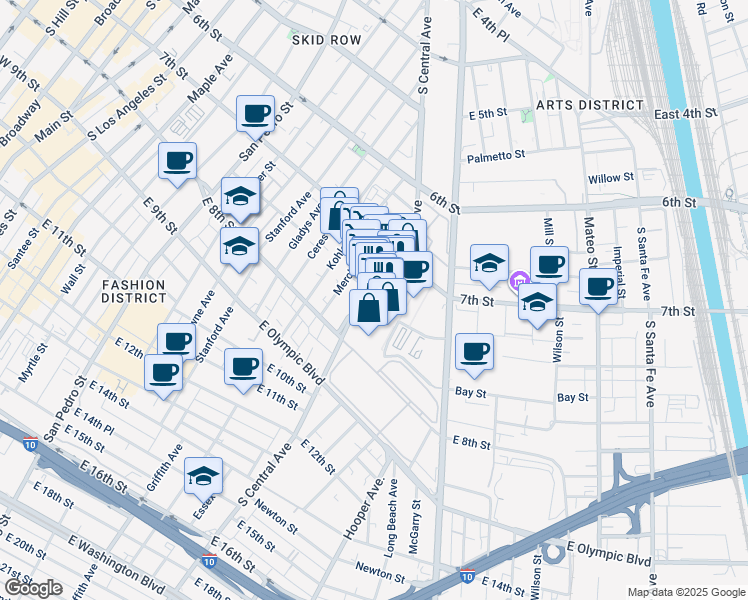 map of restaurants, bars, coffee shops, grocery stores, and more near 777 South Alameda Street in Los Angeles