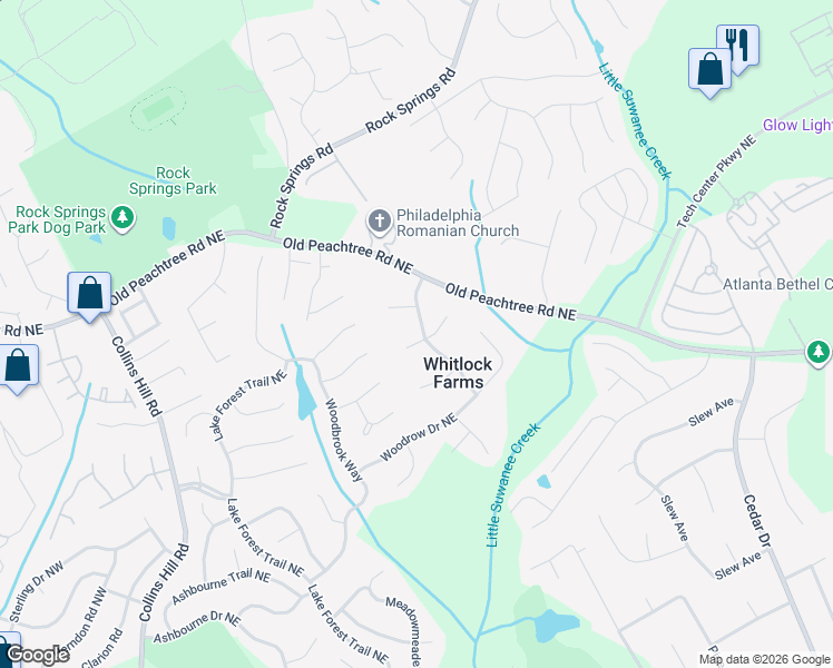 map of restaurants, bars, coffee shops, grocery stores, and more near 2630 Whitlock Trail Northeast in Lawrenceville