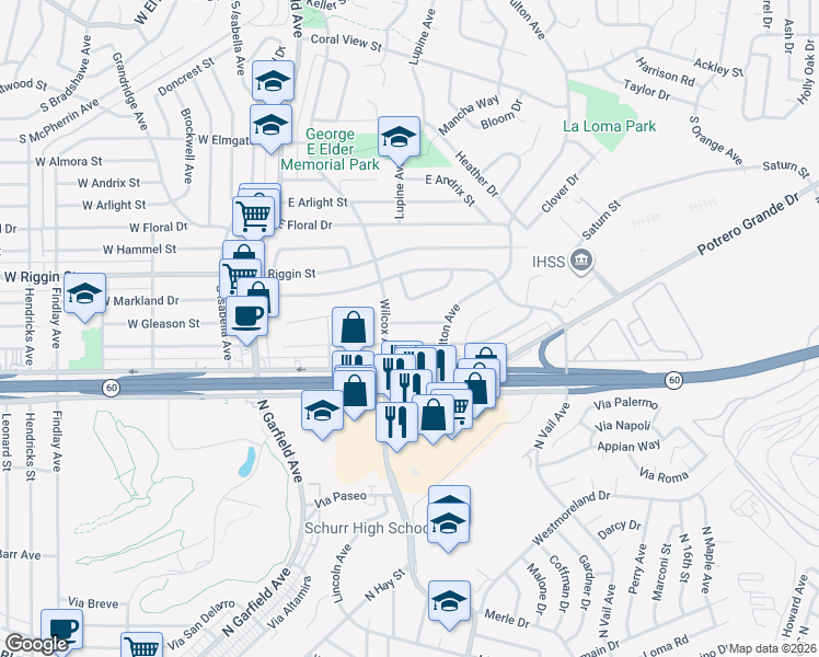 map of restaurants, bars, coffee shops, grocery stores, and more near 312 East Gleason Street in Monterey Park