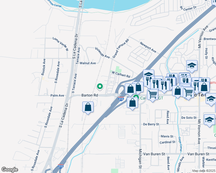 map of restaurants, bars, coffee shops, grocery stores, and more near 21845 Grand Terrace Road in Grand Terrace