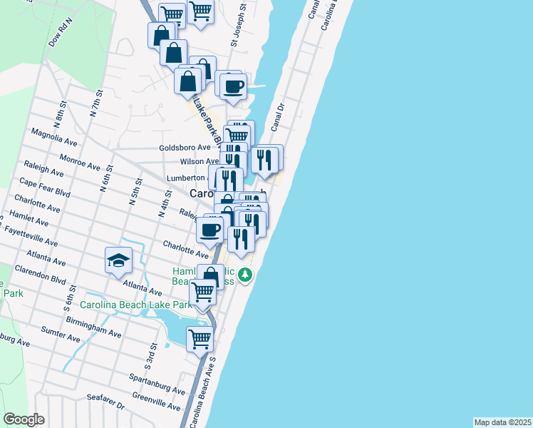 map of restaurants, bars, coffee shops, grocery stores, and more near 222 Carolina Beach Avenue North in Carolina Beach