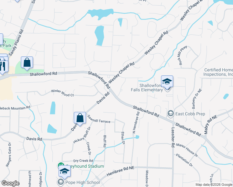 map of restaurants, bars, coffee shops, grocery stores, and more near 3625 Shallowford Road in Marietta