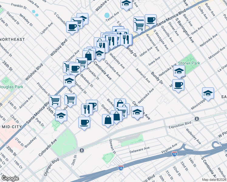 map of restaurants, bars, coffee shops, grocery stores, and more near 1621 Franklin Street in Santa Monica