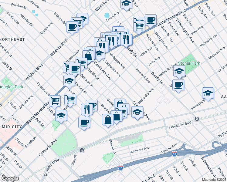 map of restaurants, bars, coffee shops, grocery stores, and more near 1633 Centinela Avenue in Santa Monica