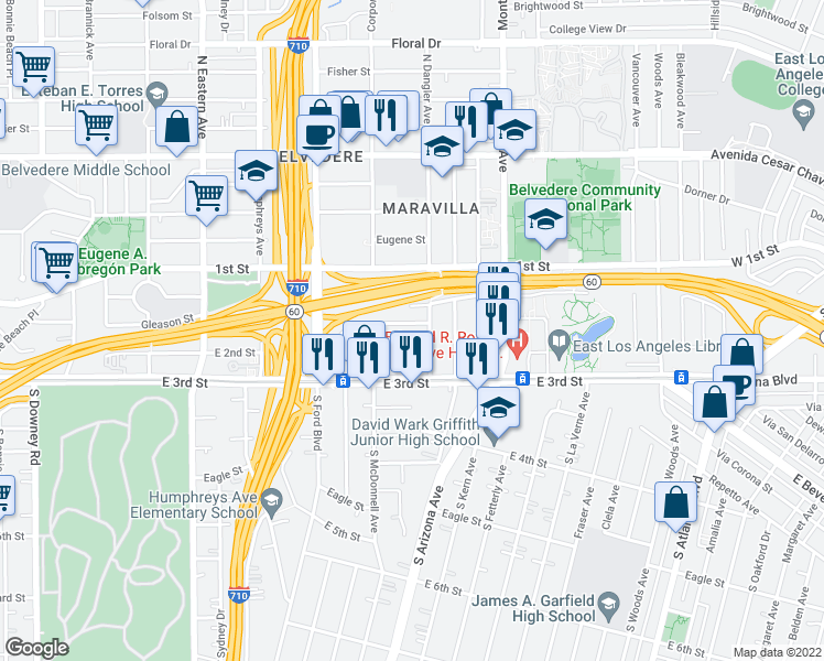 map of restaurants, bars, coffee shops, grocery stores, and more near 4642 East Gleason Street in East Los Angeles