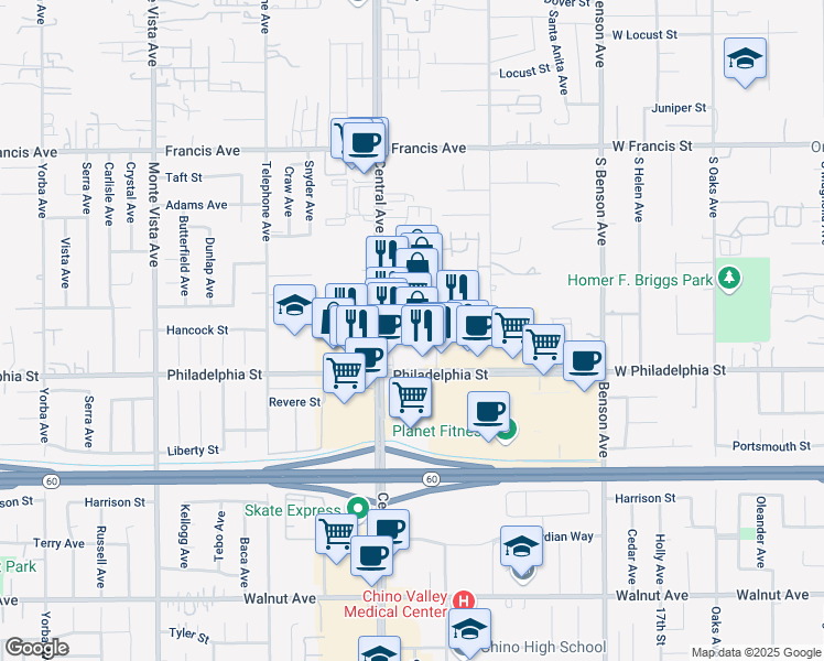 map of restaurants, bars, coffee shops, grocery stores, and more near 12013 Central Avenue in Chino