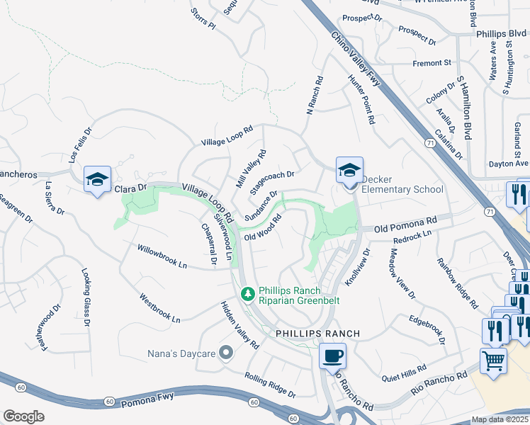 map of restaurants, bars, coffee shops, grocery stores, and more near 24 Sundance Drive in Pomona