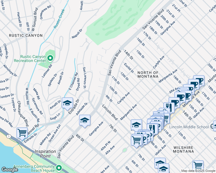 map of restaurants, bars, coffee shops, grocery stores, and more near 934 Georgina Place North in Santa Monica
