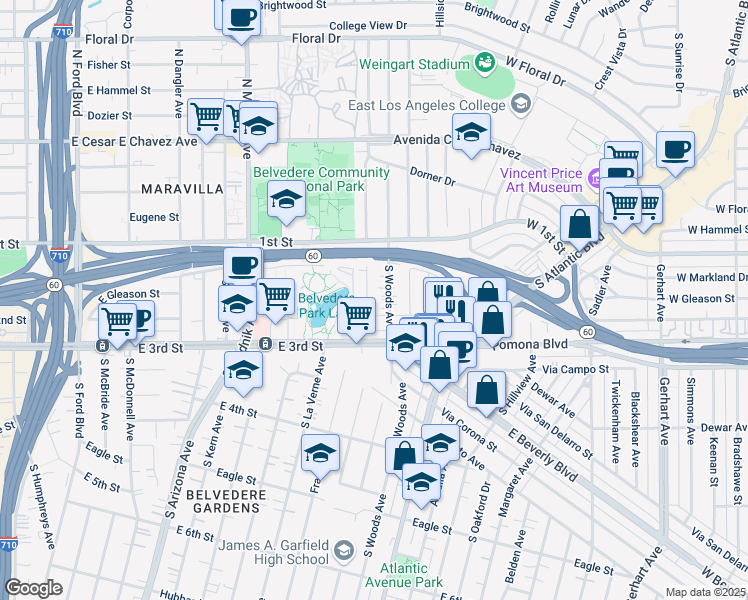 map of restaurants, bars, coffee shops, grocery stores, and more near 212 South Vancouver Avenue in East Los Angeles