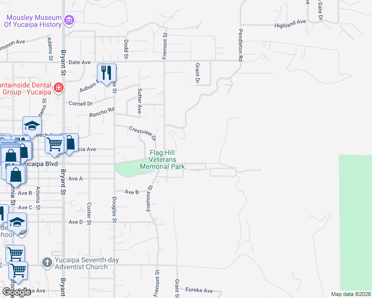 map of restaurants, bars, coffee shops, grocery stores, and more near 12057 Fremont Street in Yucaipa