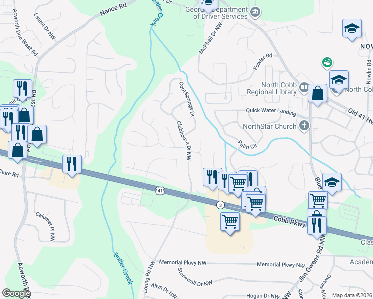 map of restaurants, bars, coffee shops, grocery stores, and more near 401 2 Iron Trail Northwest in Kennesaw