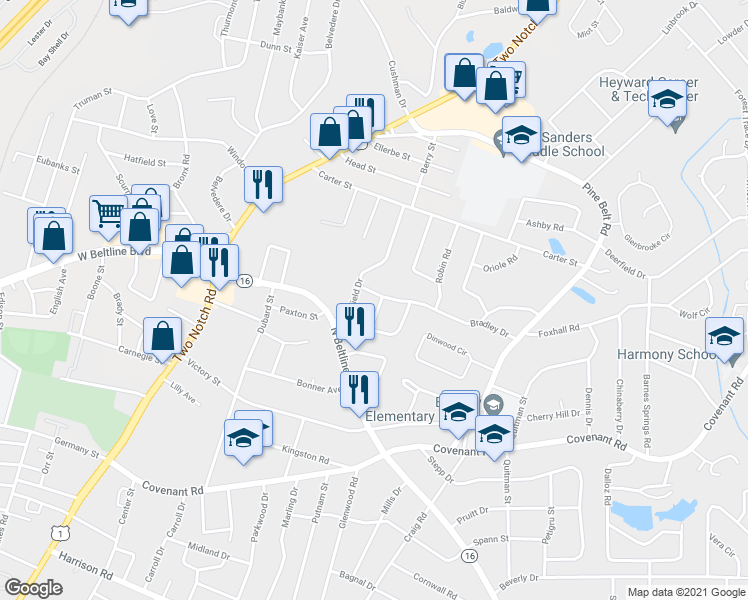 map of restaurants, bars, coffee shops, grocery stores, and more near 1515 Bradley Drive in Columbia