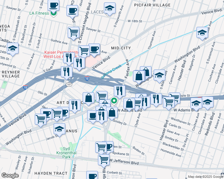map of restaurants, bars, coffee shops, grocery stores, and more near 5738 Burchard Avenue in Los Angeles