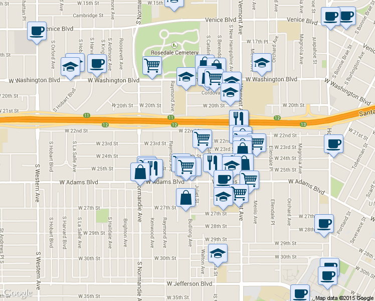 map of restaurants, bars, coffee shops, grocery stores, and more near 2312 South Budlong Avenue in Los Angeles