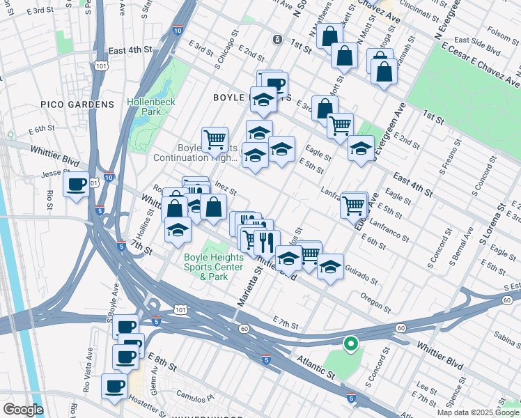 map of restaurants, bars, coffee shops, grocery stores, and more near 2510 East 6th Street in Los Angeles