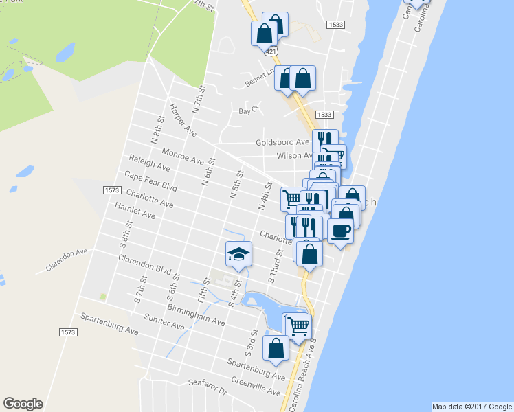 map of restaurants, bars, coffee shops, grocery stores, and more near 5 North 4th Street in Carolina Beach