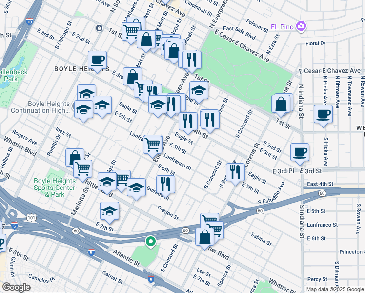 map of restaurants, bars, coffee shops, grocery stores, and more near 3041 East 5th Street in Los Angeles