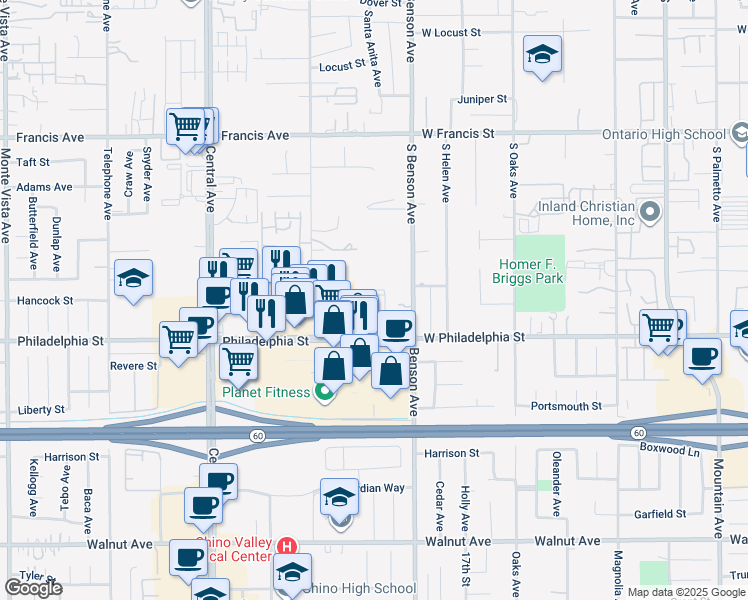map of restaurants, bars, coffee shops, grocery stores, and more near 5624 Philadelphia Street in Chino