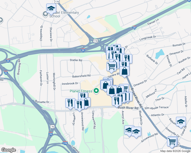 map of restaurants, bars, coffee shops, grocery stores, and more near 1118 Bakersfield Road in Columbia