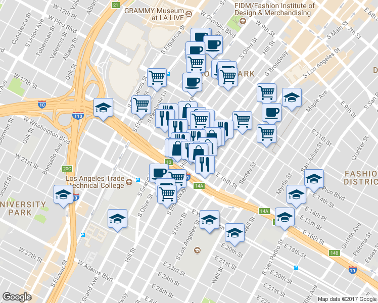 map of restaurants, bars, coffee shops, grocery stores, and more near 1545 South Hill Street in Los Angeles