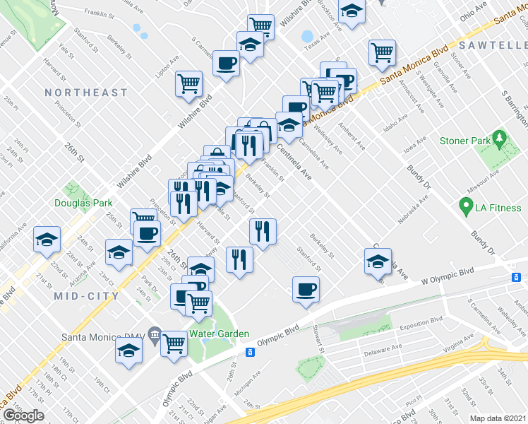 map of restaurants, bars, coffee shops, grocery stores, and more near 1511 Stanford Street in Santa Monica