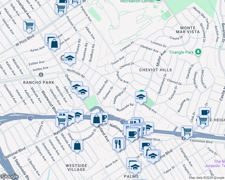 map of restaurants, bars, coffee shops, grocery stores, and more near 10520 Dunleer Drive in Los Angeles