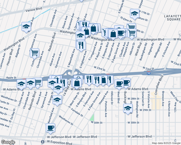 map of restaurants, bars, coffee shops, grocery stores, and more near 2334 South West View Street in Los Angeles