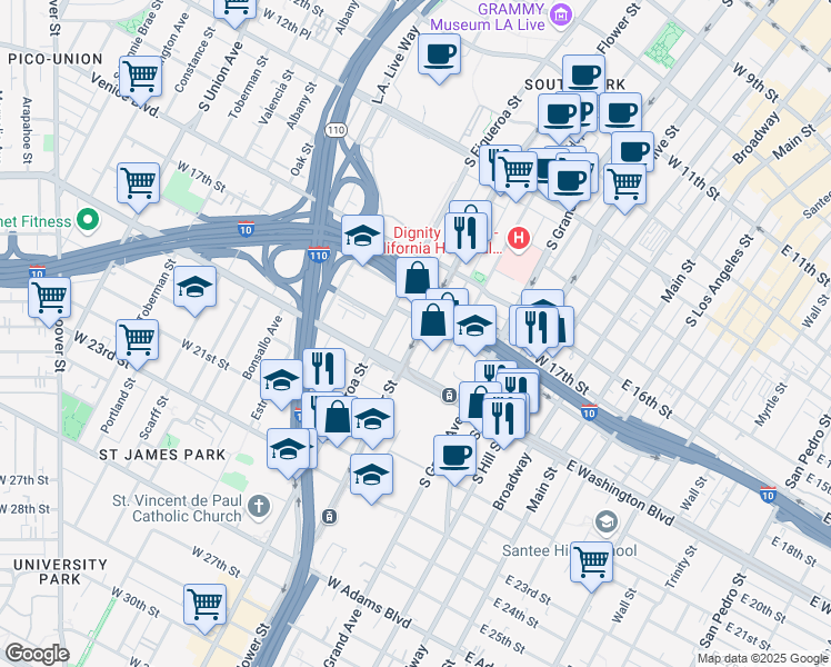 map of restaurants, bars, coffee shops, grocery stores, and more near 1815 Flower Street in Los Angeles