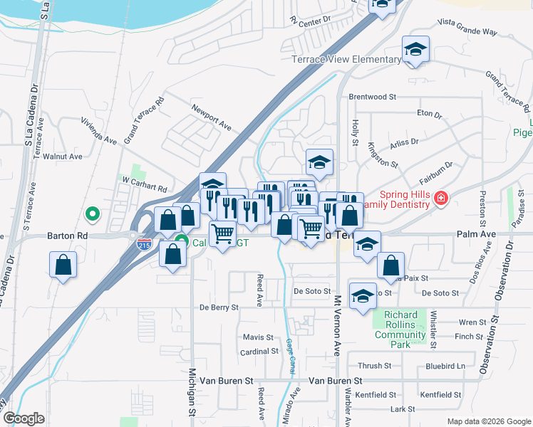 map of restaurants, bars, coffee shops, grocery stores, and more near 22303 McClarren Street in Grand Terrace