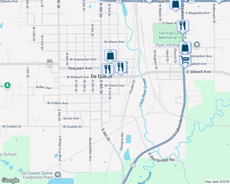 map of restaurants, bars, coffee shops, grocery stores, and more near 210 West Wallace Avenue in De Queen