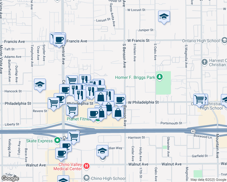 map of restaurants, bars, coffee shops, grocery stores, and more near in Chino